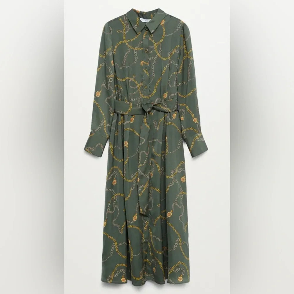 Mango Olive Green Chain-Print Midi Shirt Dress